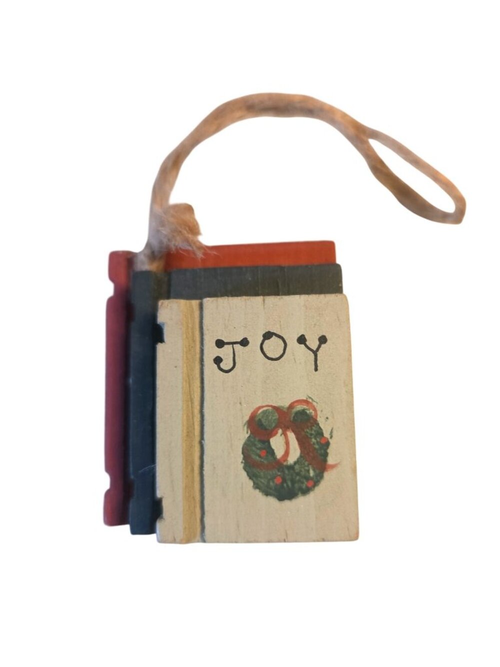 Stacked Books Christmas Ornament JOY Wreath Wooden Vintage